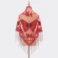 Elegant red lace shawl featuring butterfly embroidery and fringe trim for women - Red