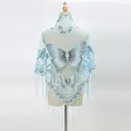 Light blue mesh lace shawl with butterfly embroidery and long tassel fringe details - Light Blue