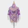 Purple lace shawl featuring butterfly prints, floral embroidery and elegant fringe tassels - Purple
