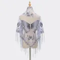 Elegant light purple lace shawl featuring butterfly embroidery and fine fringe tassels - Light Purple