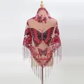 Red lace butterfly embroidery triangle shawl with sequins and fringe details - Burgundy
