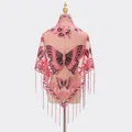 Pink translucent mesh shawl featuring embroidered butterfly motifs and fringe tassels - Deep Pink