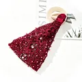 Wine red floral lace headband with pearls and rhinestones on a satin finish band - Burgundy