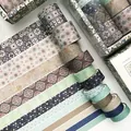 Vintage style washi tape set with floral and tile patterns in earthy blue and beige tones - Vintage Patterns