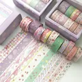 Pastel macaron washi tape set with gold foil floral patterns and purple gift box - Bronzing Girly Style