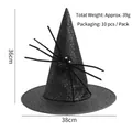 Detail view of a 36cm black Halloween witch hat with silver stars and a plush spider - Black