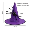 Detail view of purple Halloween wizard hat with silver stars and black plush spider ornament - Purple