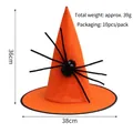 Detail view of orange Halloween witch hat with black spider and size dimensions 36x38cm - Orange