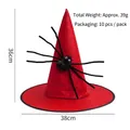 Detail view of a 36x38cm red Halloween witch hat with black spider and sizing specs - Red