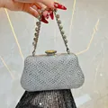 Pochette da sera argentata scintillante con strass e manico in cristallo per le donne - Argento con strass argentei