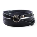 Mehrlagiges schwarzes Echtlederarmband mit runder Vintage-Metallschnalle für Damen - Schwarz & Altsilber