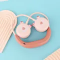 Pink cartoon fox neck fan with dual heads and USB charging port on a blue background - Pink