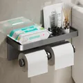 Porte-papier toilette mural gris mat avec plateau de rangement et double rouleau - Aluminium Spatial / Gris