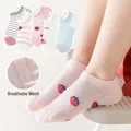 Five pairs of pink strawberry and striped breathable mesh cotton socks for girls - 9-14 Years (Size 30-36) / Kitten