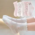 Pink floral mesh crew socks for girls, breathable summer cotton blend 5-pair pack - 9-14 Years (Size 30-36) / Pink Mesh