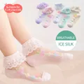 Breathable ice silk mesh socks for girls with lace trim and cute strawberry pattern - Fits 9-14 Years (Size 30-36) / 5 Pairs / Strawberry Lace Trim (Breathable Mesh)