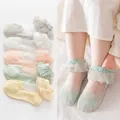 Girl mesh crew socks with lace floral edge and bow embroidery in five pastel colors - Fits 9-14 Years (Size 30-36) / 5 Pairs / Lace Trim Mixed Colors (Breathable Mesh)