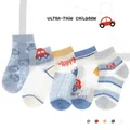 Breathable mesh socks for girls featuring car patterns and stripes, 5-pair set in soft colors - 9-14 Years / Cartoon Car (Breathable Mesh)