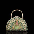 Luxury peacock evening clutch bag with multicolored rhinestones and a gold ring handle - 22x14cm Peacock Green Multi-color