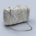Silver crystal clutch evening bag featuring feather-pattern rhinestones and bow clasp - 19.5x12.5 Two Leaves AB Silver