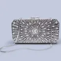 Silver luxury evening clutch bag encrusted with radiating floral rhinestone patterns - 17.5x9cm Large Rectangle Silver