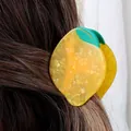 Sweet lemon-shaped acetate hair claw clip with yellow marble texture and green leaves - Yellow