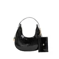 Sac hobo noir à motif crocodile avec une petite pochette à rabat assortie en cuir PU - Noir