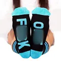 Detailed view of mid-calf cotton socks featuring Fuck Off printed text on the soles - One Size / Black with Blue Text
