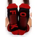 Funny novelty crew socks with red toe accents and bold letter print on the soles - One Size / Black with Red Text