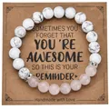 Handmade 8mm zebra stone and rose quartz heart bracelet on 'Awesome' gift card - With Card / White Turquoise & Rose Quartz