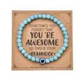Sky blue beaded bracelet with evil eye charm on inspirational card packaging - 6mm / With Card / Evil Eye