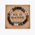 8mm zebra stone heart bracelet with tiger eye and quartz beads on a gift card - With Card / Glossy Black, Tiger Eye & White Quartz