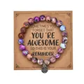 Purple and blue 8mm zebra stone heart bracelet with retro compass charm on gift card - Compass Style / With Card / Multicolor Imperial Stone
