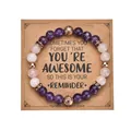 8mm purple amethyst and pink crystal beaded bracelet on a brown gift card - Amethyst Rose 01 Style / With Card / Amethyst & Rose Quartz