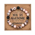 Pink zebra marble and black lava stone bead bracelet on kraft gift card with rose gold charm - With Card / Pink Zebra & Black Lava Stone