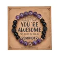 8mm purple amethyst and black volcanic rock beaded bracelet with rose gold accent on card - Purple Lava 01 Style / With Card / Purple Lava Stone