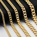 Detail view of five different widths of gold Cuban link chains in polished stainless steel - 3.5mm Width - 18+5cm Bracelet / Gold