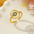 Adjustable gold evil eye ring featuring blue and white cubic zirconia crystals - Style S-Gold Geometric Double Circle Eye
