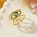 Bohemian gold-tone multi-layer open ring featuring blue evil eye bead and zircon - M