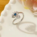 Silver devil eye open ring with blue stone and micro-pave cubic zirconia crystals - L