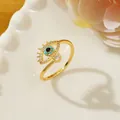 Gold evil eye open ring with colorful stones, blue pupil and zircon eyelash details - Letter I