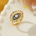 Gold-plated Evil Eye ring featuring colorful zircon stones and blue enamel finish - Letter O