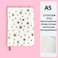 White fuzzy notebook with gold star patterns and A5 size dimension details - A5 Lined Pages / Big Star White