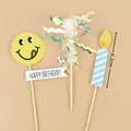 Three-piece cake topper set including yellow smiley face and 6.2cm candle decoration - Smiley Tassel Candle Topper Set
