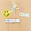 Colorful Happy Birthday cake topper set with yellow smiley face and pink heart flags - Heart Smiley Tassel Topper Set