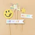 Three-piece set cake topper with yellow smiley, star, and Happy Birthday flags - Star Smiley Tassel Topper Set