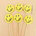 Set of 6 yellow smiley face cake toppers with 4cm diameter paper cards and wooden sticks - Smiley Face Topper Set