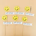 6-pack yellow happy birthday cake toppers with smiling faces and wooden sticks - Smiley Happy Birthday Topper Set