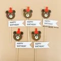 Set of 5 brown bear Happy Birthday cake toppers with cute red hats and wooden sticks - Red Hat Bear Birthday Topper Set