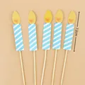 Set of 5 blue and white striped paper candle cake toppers for birthday party decor - Striped Candle Topper Set